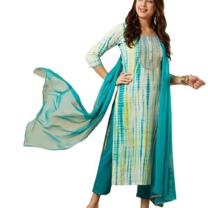 Women's Cotton Blend Straight  Kurta with Pant & Dupatta