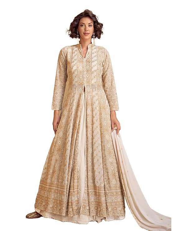 Women's Off White Chinon Stitched Top With Bottom and Dupatta Full Sleeve Embroidered Lehenga Set